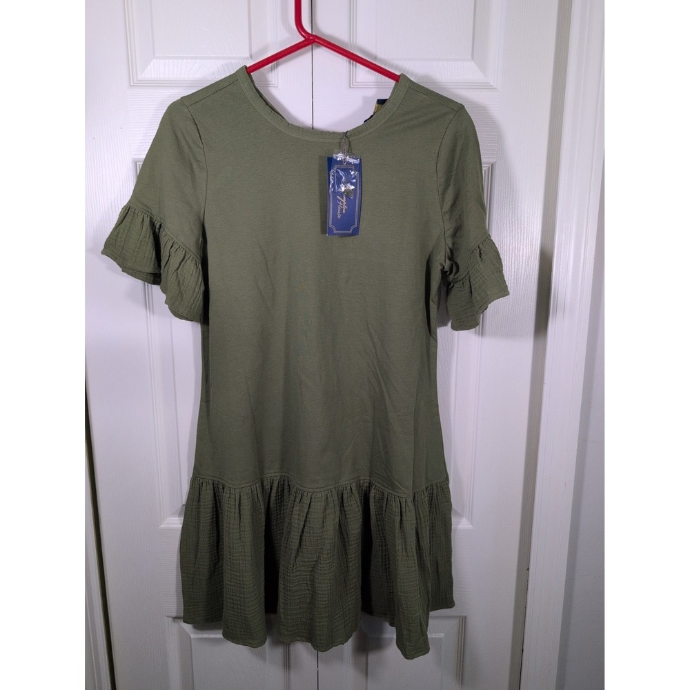 Hampton House Dress New Small Olive Green Ruffle Bottom & Sleeves